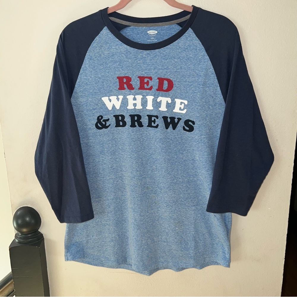 Old Navy “Red, White & Brews” 4th of July Baseball Tee Heather Blue Size Large